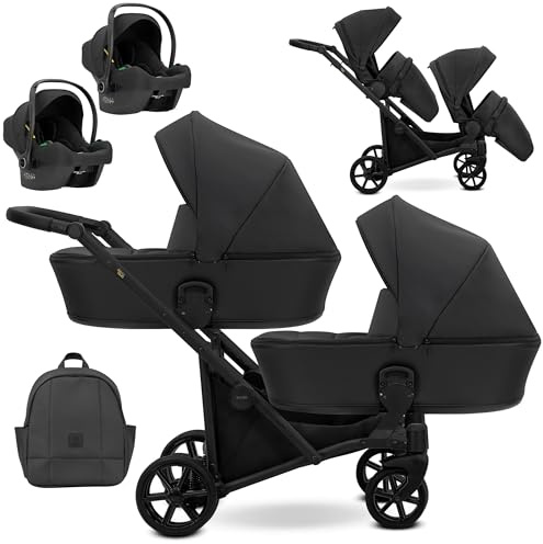 Zwillingswagen Kunert Brav Duo BBtwin 3-in-1 Kunstleder Doppelwagen Trio Öko-Leder 3-teilig für Zwillinge (schwarz)