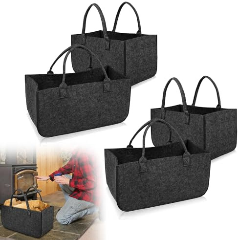 QEENTOE Kaminholztasche Filz Tasche Filztasche Shopper Faltbar Mit Griffen Filz Filztaschen Für Brennholztransport Einkäufe 50 x 25 x 25 cm Dunkelgrau 4 Stück
