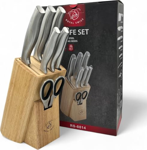 Royal Swiss® Professionelles Messer, Messerhalter Holz, 6-teiliges Set Küchenmesser-Set, Küchenmesser-Set, Edelstahl, Kochmesserhalter mit Punktmesser