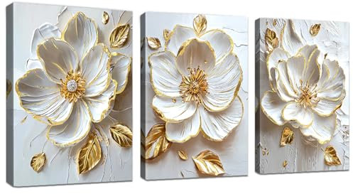 WENGTIAO 3 Pezzi Stampa su Tela Fiori di Peonia Bianca e Oro Con Cornice Quadro su Tela Floreale Minimalista Quadri Moderni Soggiorno Casa Camera da Letto Pittura Decorazioni Parete 40x60cmx3