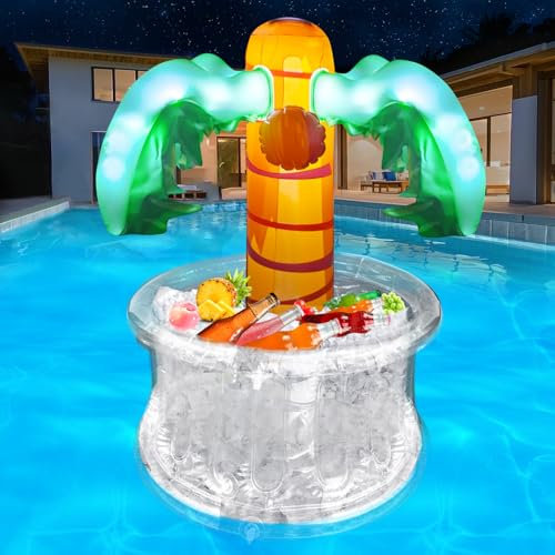 Floating Pool Drink Holder with Solar Lights, Inflatable Palm Tree Drink Cooler Bar for Pool Party Decoration, Pool Floating Drink Holder Floats for Hawaiian Tropical Themed Party, Garden, Backyard