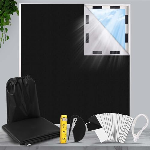HuiCloud 100% Blackout Blind,200 x 145 CM Stick on Blackout Blinds for Windows,No Drill Portable Temporary Fits Any Size Blackout Blinds with 20PCS Hook and Loop Tapes for Bedroom Loft Car Travel