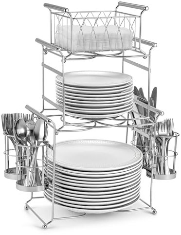 Sorbus Buffet Caddy — 7-Piece Stackable Set Includes Plate, Napkin, and Silverware Holder, 3-Tier Detachable Tabletop Organizer Ideal for Kitchen, Dining, Entertaining, Parties, Thanksgiving (Silver)