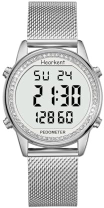 Orologio contapassi da donna con bracciale in acciaio inossidabile, nessuna app, nessuna ricarica necessaria per passi, calorie, distanza, sveglia, timer per il conto alla rovescia (argento brillante)