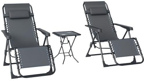 Outsunny Set de 2 Tumbonas Jardín Exterior Plegables con Portavasos Gris | Mesa Auxiliar, Tumbonas de Gravedad Cero, Respaldo Ajustable, Reposabrazos Extraíble, para Patio, Piscina, Terraza