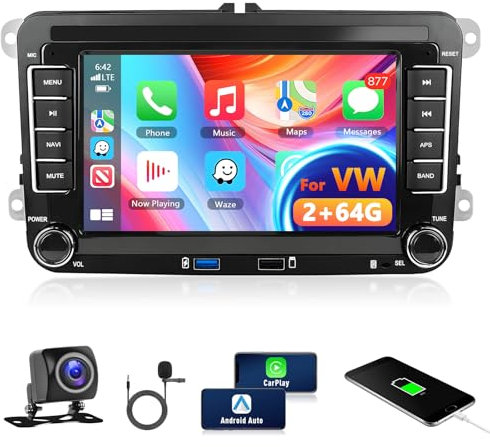 2+64G Autoradio für VW 2014/2015/2016/2017 mit Kabellosem Carplay/Android Auto, Motorsi 7 Zoll Android Touchscreen GPS Navi/WiFi/FM/RDS/SWC/Canbus/BT/USB+AHD Kamera+Mic