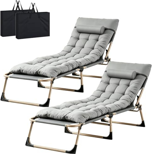 BSTSEL Heavy Duty Garden Sun Lounger with Bag Mattress 22mm Steel Frame Support Adjustable Folding Guest Bed with Cushion Sun Bed for Home Office Beach Garden Patio Pool (2PCS Grey)