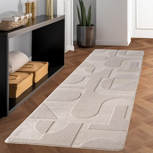 Carpettex Skandinavischer Teppich, Boho Design, Einfarbig Creme 80x150 cm, Pflegeleicht & Weicher Deko Teppich, Waschbar mit 3D-Effekt für Wohnzimmer & Schlafzimmer