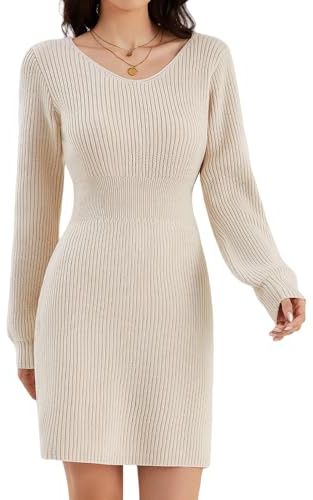 ZLIGXEA Vestido de Punto Mujer Escote Pico Manga Larga - Jersey Elegante Ajustado para Invierno, Fiestas y Uso Diario Albaricoque L