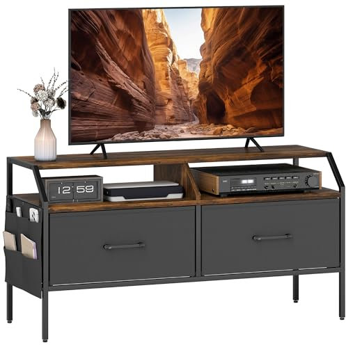 HOMCOM TV Stand Cabinet, TV Unit for 55-inch TVs with 2 Foldable Fabric Drawers, 5 Divided Side Pockets, Open Shelves, Console Table for Living Room, Bedroom, Entertainment Room, Rustic Brown