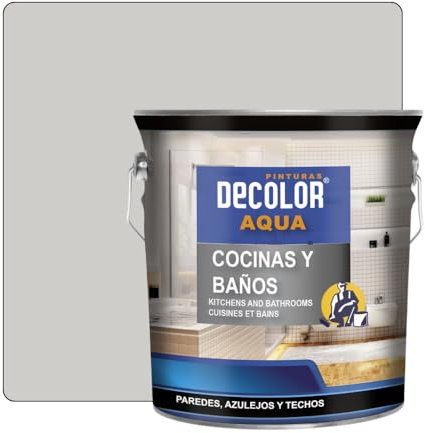 PINTURAS DECOLOR - Cocinas y Baños. Pintura Satinada al Agua para Azulejos, Paredes y Techos.(GRIS MEDIO) 2,5 LT