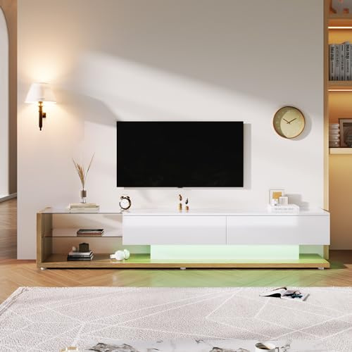 Oslghy Modulo TV, Mueble de Salon TV con Luces LED, Armario Bajo con Tabique de Cristal, Moderno Destacando Mueble para Salon con Dos Amplios Cajones para Salón Dormitorio, 170x36x38 cm (Wood)
