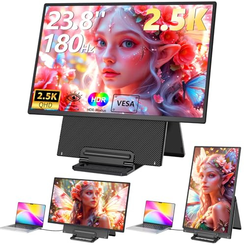 23,8'' Portable Monitor, 2.5k 180Hz Tragbarer Monitor mit Kickstand, Laptop Monitor Erweiterung mit Lautsprechern, Großer Gaming Monitor IPS Display für Laptop/PC/Mac/Xbox- VESA USB-C & HDMI Anschluss