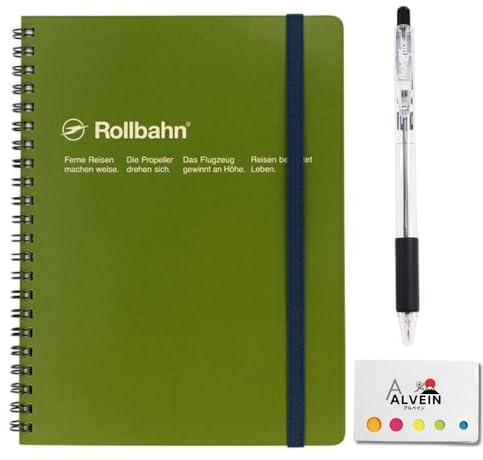 ALVEIN Japanese Stationery Set: Delfonics Rollbahn A5 Notebook (Olive), Retractable 0.7mm Black Ballpoint Pen Japanese Design Sticky Notes
