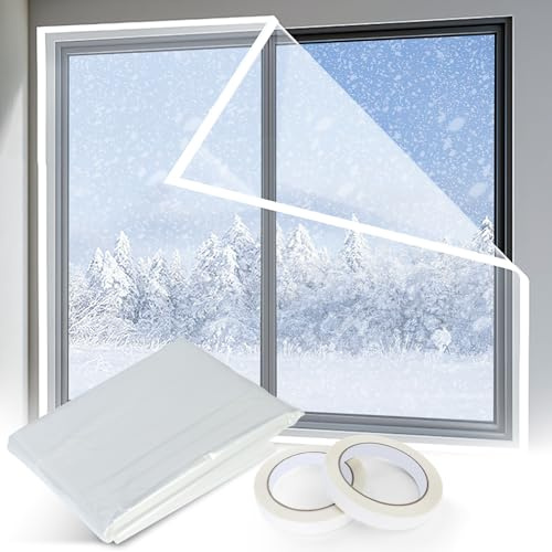 SDLDEER Thermo Cover Fenster, 1,6m x 10m Fensterisolierfolie Transparente POF Isolierfolie zur Wärmedämmung Kälteschutzfolie an Fenstern, Thermofolie Fenster Gegen Kälte mit 2 Selbstklebende Band