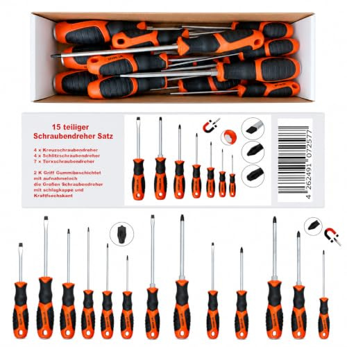 15 teiliges Schraubendreher-Set, Professionelles Werkzeug-Set mit vielseitigen Schraubenziehern, Schlitz, Kreuz und vielen Torx Schraubendrehern