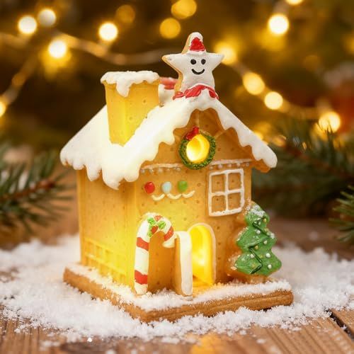 Xevinas Lebkuchenhaus Lichthaus 9 cm hoch - Lebkuchen-Optik mit Beleuchtung Timer - Weihnachtsdekoration Lebkuchen Haus Deko für Weihnachtsfest (A)