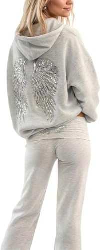 Angel Hoodie - Tuta da donna con cappuccio, con ali d'angelo in strass e tasche, foderata in pelliccia a due pezzi, tuta sportiva da donna calda
