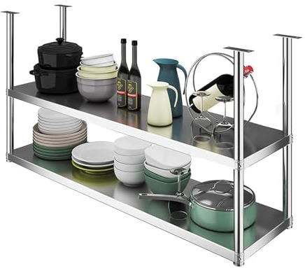 Drsyffsup Deckenmontiertes, schwebendes Regalsystem mit 2 Ebenen, ideal für Küche, Haushalt und Wein. Aus Edelstahl 304 gefertigt, für Restaurant, Speisekammer, Abstellraum, Garage(60x35x80cm)