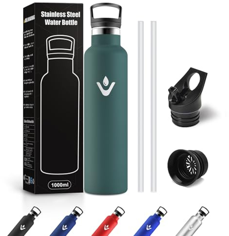Borraccia Acciaio Inox 1L, Termos con Cannuccia, a prova di perdite, Riutilizzabile, senza BPA, Bottiglia per Uffici, Viaggio, Ciclismo