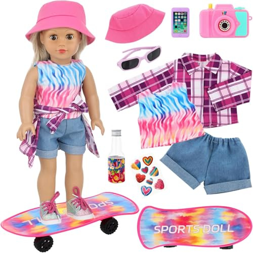 ZITA ELEMENT 18 Inch Doll Clothes and Skateboard Accessories | (No Doll) Sports Clothes;Fisherman's Hat Outfits Sunglasses Camera（Random） Skateboard Bottle Sticker; No Doll and Shoes