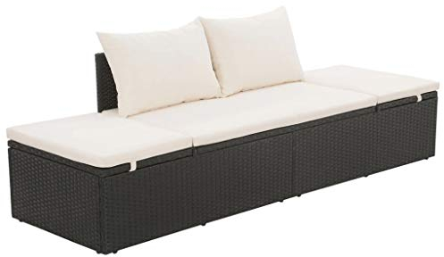 Festnight Garten-Sonnenliege aus Poly Rattan | Verstellbar Gartenbank Lounge Sofa Liege mit Sitzpolster | GartenmoeBel (Schwarz und Cremeweiß, 195 x 60 x 60 cm)