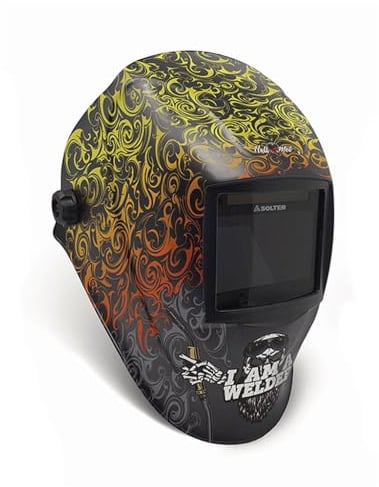Solter HELLMET R-10 Welder Pantalla de Soldadura Automática, Tecnología True Color, DIN Ajustable 5-8/9-13, Área de Visión 100x60mm, 4 Sensores, Pila Solar Reemplazable, Certificación CE 1/1/1/1