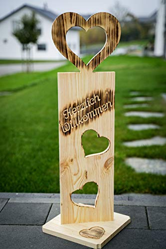 Der Einschneider Willkommensschild Haustür mit Herzen NR6 Geflammtes Herzlich Willkommen Schild - Türschild Holz Deko, Gartendeko, Türdeko Wetterfest