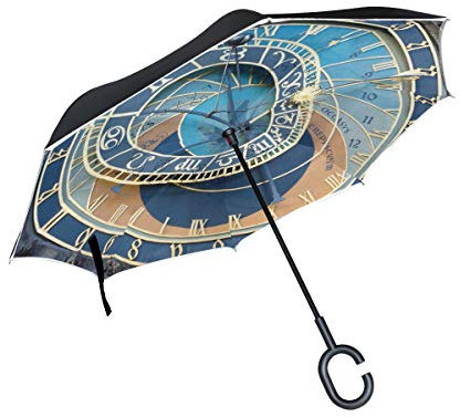 BKEOY Doppelschichtiger umgekehrter Regenschirm, alte Prager astronomische Uhr, tragbar, Auto, Umkehrschirme, groß, winddicht, wasserdicht, für Outdoor-Reisen