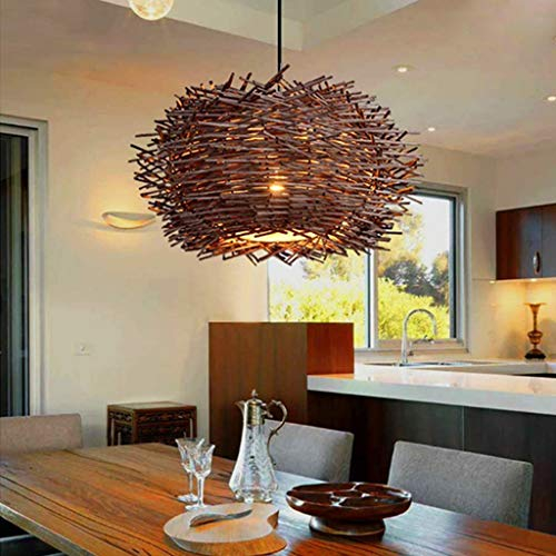 AHQX Pendelleuchte Handgewebte Rattan Zweige E27 Höhenverstellbar Hängelampe Kreative Persönlichkeit Restaurant Holz Kronleuchter Pendellampe Café Buchhandlung Hängeleuchte Deckenlampe,Brown/30cm