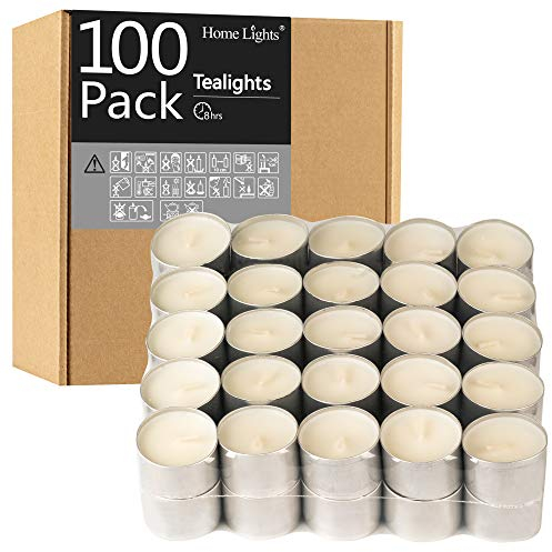 Home Lights Lot de 100 bougies chauffe-plat – 8 heures de combustion – Lot de 100, 200, 300 bougies chauffe-plat européennes sans fumée non parfumées pour Shabbat, mariages, Noël, décoration