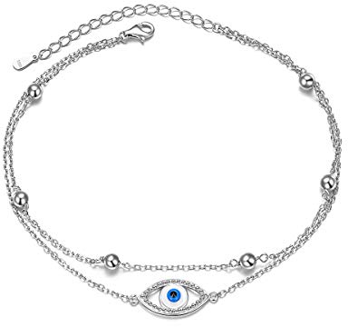 Böser Blick Geschichtetes Fußkettche 925 Sterling Silber Fußkettchen für Damen Mädchen Einstellbare 9 10 11 Zoll Fuß Knöchel Armband Schmuck Geburtstagsgeschenk (Böser Blick 9+2)
