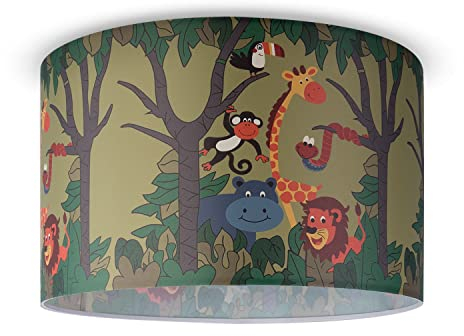 Paco Home Hängelampe Mädchen Junge Deckenlampe Kinderzimmer Lampe Deckenleuchte Stoff E27 Lampenschirm Dschungel Tiere 1,5m Textilkabel Dschungel