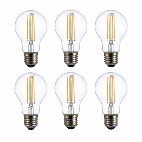 TEKLED® A60 Filament Vintage LED Bulbs | E27 Edison Screw | Energy Saving 6.5W Light Bulb 60W Equivalent | NONDIMMABLE Clear 2700K 806LM | 6-Pack | Warm White