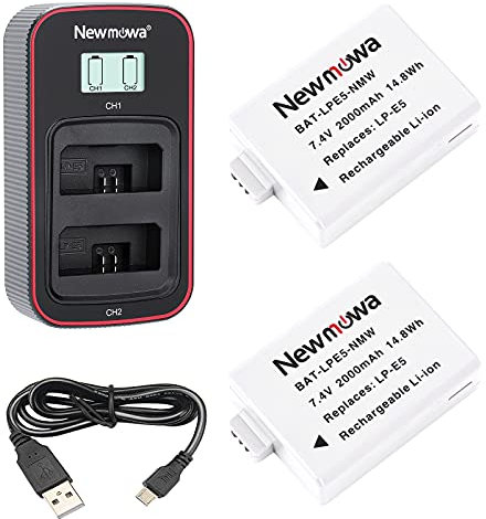Newmowa LP-E5 Ersatzakku (2er-Pack) und Smart LCD Display Dual USB-Ladegerät für Canon LP-E5 und EOS Rebel XS Rebel T1i Rebel XSi 1000D 500D 450D Kiss X3 Kiss X2 Kiss F