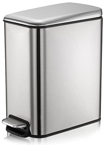 GONICVIN Bathroom Bin, Stainless Steel Pedal Bin Waste Bin with Lids, Slow Drop Closing Slim Rubbish Bin Pedal Waste Basket for Bathroom, Kitchen, and Office (10L, Silver)