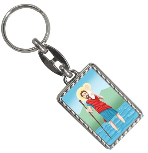 speecheese Heiliger Christophorus - farbiger Schlüsselanhänger mit Bordüre der Schutzpatron der Reisenden und Autofahrer für den Schlüsselbund mit Heiligenfigur als Geschenk für Fahranfänger