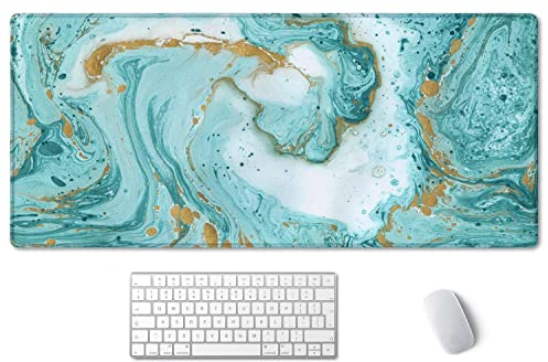 SSOIU Erweitertes Gaming-Mauspad (90.2x39.9 cm), großes stabiles Gummi-Mauspad mit genähten Kanten, Tastatur-Mauspad, Schreibtischunterlage für Arbeit, Büro, Zuhause – türkiser und goldener Marmor