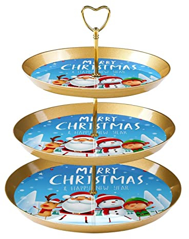 JAVENPROEQT Soporte para cupcakes de 3 niveles, encantadores platos de postre de plástico de muñeco de nieve de Papá Noel para servir para cumpleaños, fiesta de té, baby shower y decoraciones de boda