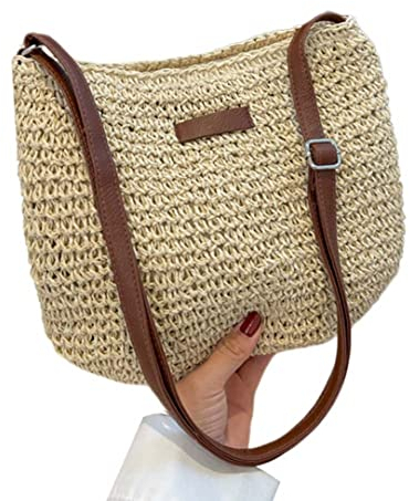 Jorzer Sac de Paille d'été Femelle Sac de Plage Mode tressée d'épaule Sac Paille Femme Bandouliere Simple Sac crossboda Sac de plage en Paille - Beige