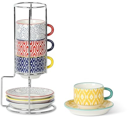 Selamica Ceramic Espresso Cups with Saucers and Metal Stand, 2.5 OZ Stackable Demitasse Cups for Espresso Latte Café Mocha Tea, Set of 4, Assorted Colors