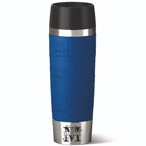 Emsa Isolierbecher 500ml mit Gravur Monogramm/Buchstabe (+ Name) Travel Mug Grande XXL Manschette blau personalisierter Kaffeebecher Teebecher, Motiv MO1
