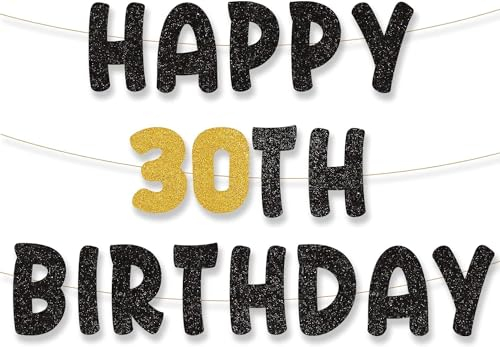 30. Geburtstag Banner - Happy Birthday Deko Schwarz Gold für 30 Jahre Party Dekoration