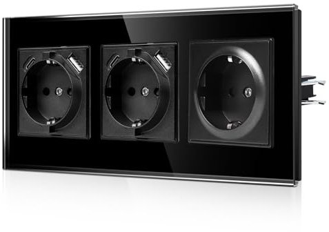 CNBINGO USB Dreifachsteckdose mit Krallen - Glas Schuko Steckdose Unterputz mit USB Anschluss - 2× (Typ-C und USB-A Max.2,1 Amp) - Dreifach Schwarz Wandsteckdose mit Kindersicherung - JFGM2