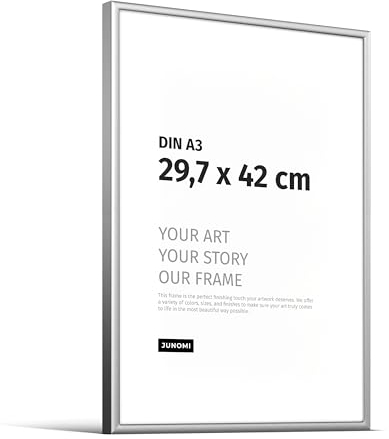 JUNOMI® Bilderrahmen DIN A3 (29,7x42 cm) Aluminium | Farbe Silber (matt) | Wanddeko Metall mit bruchsicherem Acryl-Glas | Bilderrahmen Metall