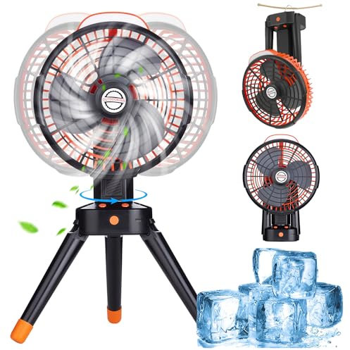 Rechargeable Camping Fan with LED, 270° Automatic Oscillating Tent Fan, Outdoor Folding Portable Fan, Level 4 Wind Speed, Type-C Charging
