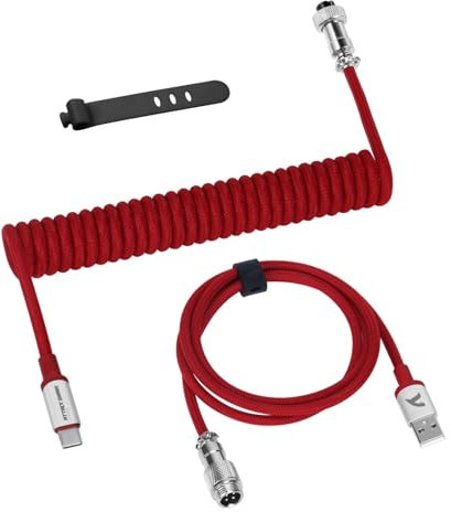 ATTACK SHARK C01 PRO Coiled Keyboard Cable, Custom Coiled USB C Cable for Mechanical Gaming Keyboard,Type-C to USB-A Metal Aviator Cable,Double-Sleeved Braided Charging Keyboard Cable for Mac,PC-Red