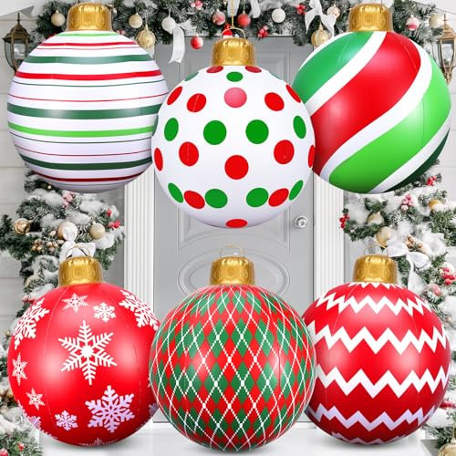 6 Stück 61 cm aufblasbare Weihnachtskugeln, große PVC-Weihnachtsdekoration, hängende Ornamente, übergroße Weihnachtsbaumkugeln, aufblasbare Weihnachtskugeln, Dekorationen für Hof, Rasen, Veranda,