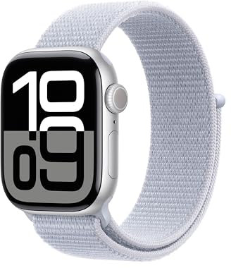 Apple Watch Series 10 GPS 42 mm Smartwatch with Silver Aluminium Case with Blue Cloud Sport Loop - One Size. Fitness Tracker, ECG App, Always-On Retina Display, Carbon Neutral