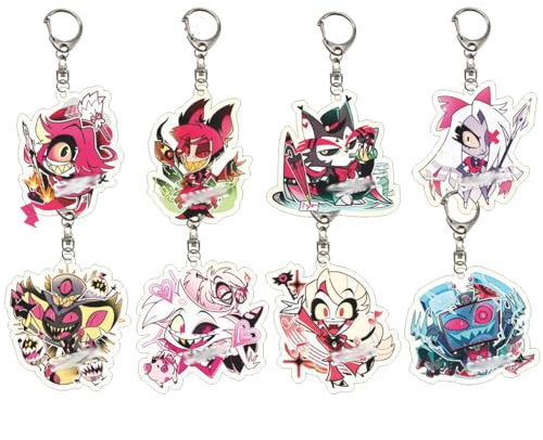 JUSONGKWCP 8 Pcs Portachiavi Hazbins Alastor Hotel Cartoon Figure Angel Dust Alastor Carino Portachiavi Ciondolo Acrilico Keychain Borsa Deco